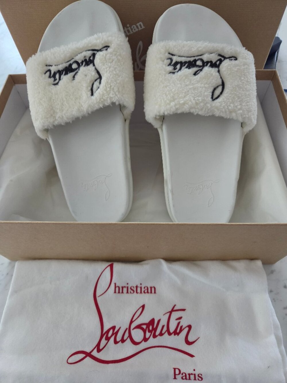 Christisn Louboutin Navy Pool Flat White Slippers/Mules